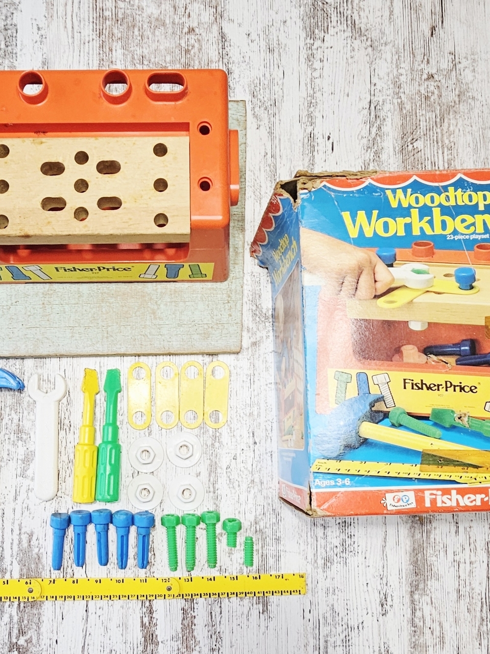 Vintage Fisher Price Wood top Workbench Near Complete W/Tools #927 1980